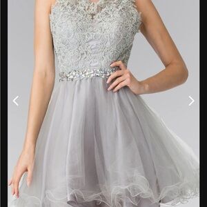 Elizabeth K by GLS Silver Lace & Tulle Cocktail Dress | Hand Beaded | Size L